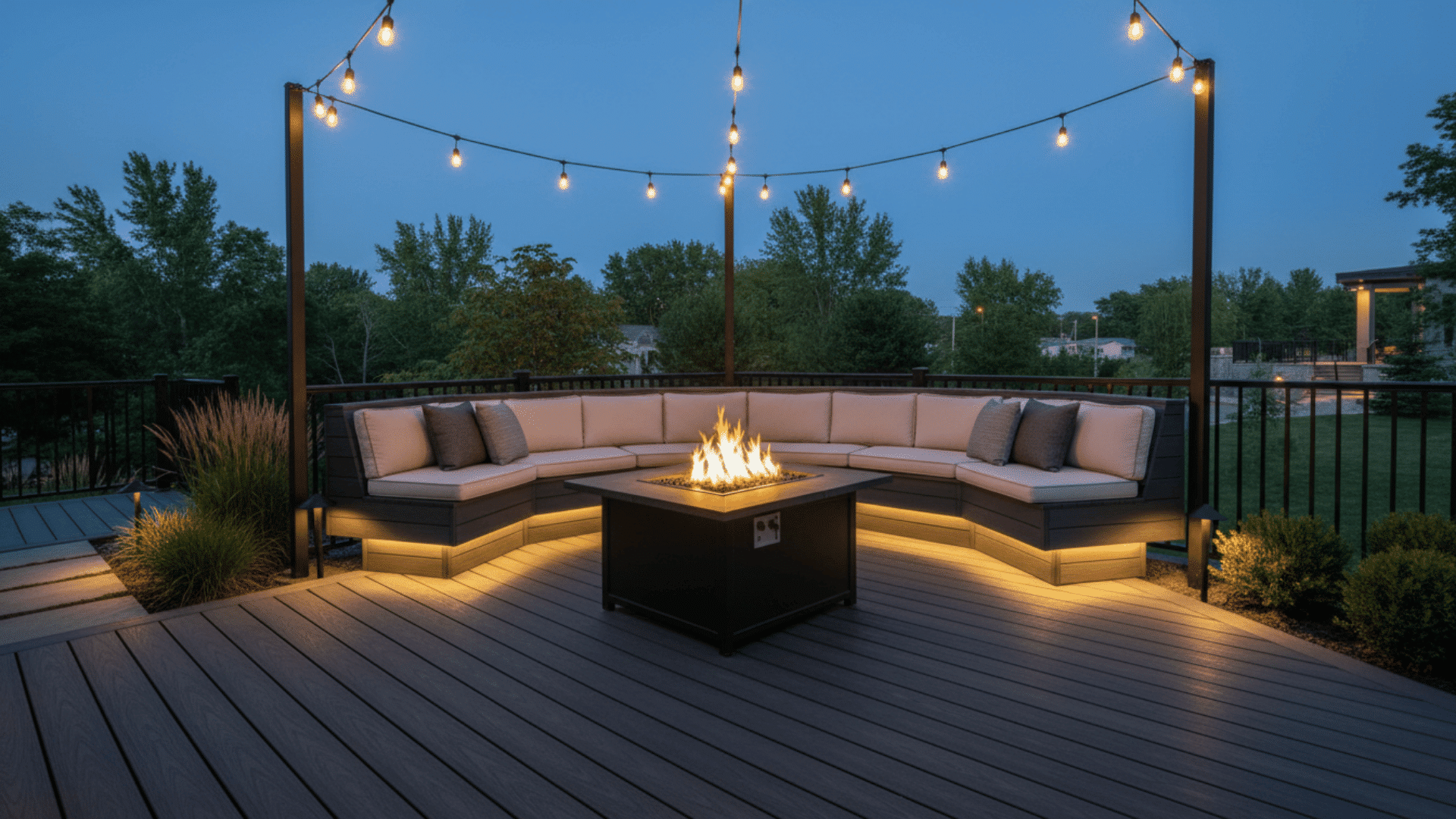 composite deck fire pit seating area with built in benches and warm lighting