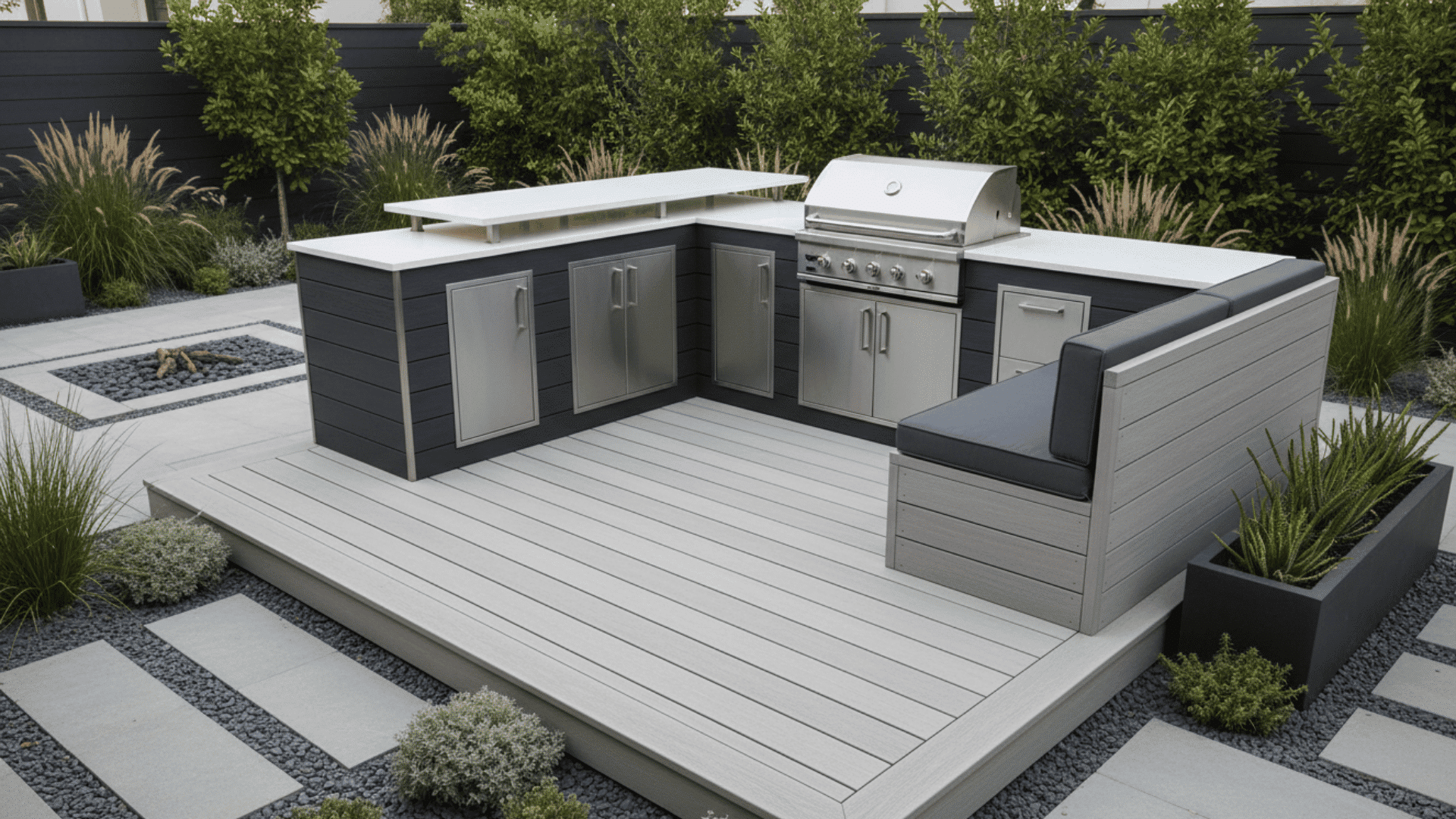 composite deck outdoor kitchen with grill storage cabinets and modern seating