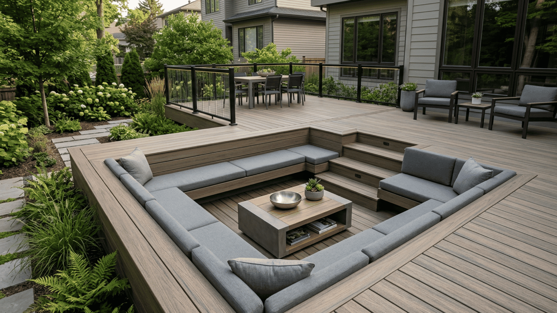 composite deck with a sunken lounge built in seating and a central gathering space