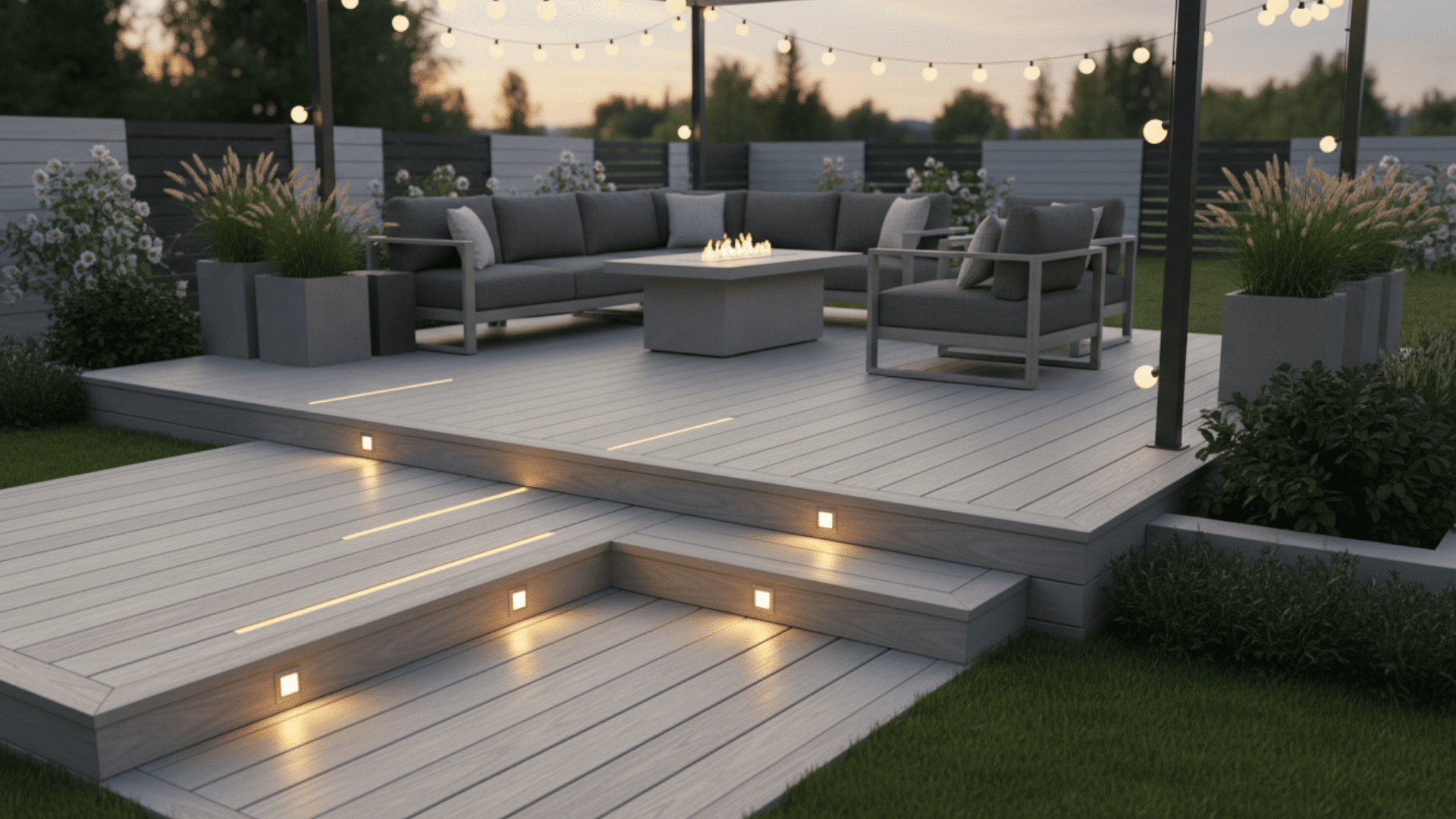 composite deck with solar stair lights pathway lighting and warm string lights