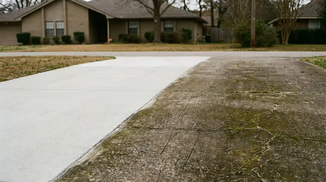 Cracked concrete driveway with moss leading to a suburban house with bushes