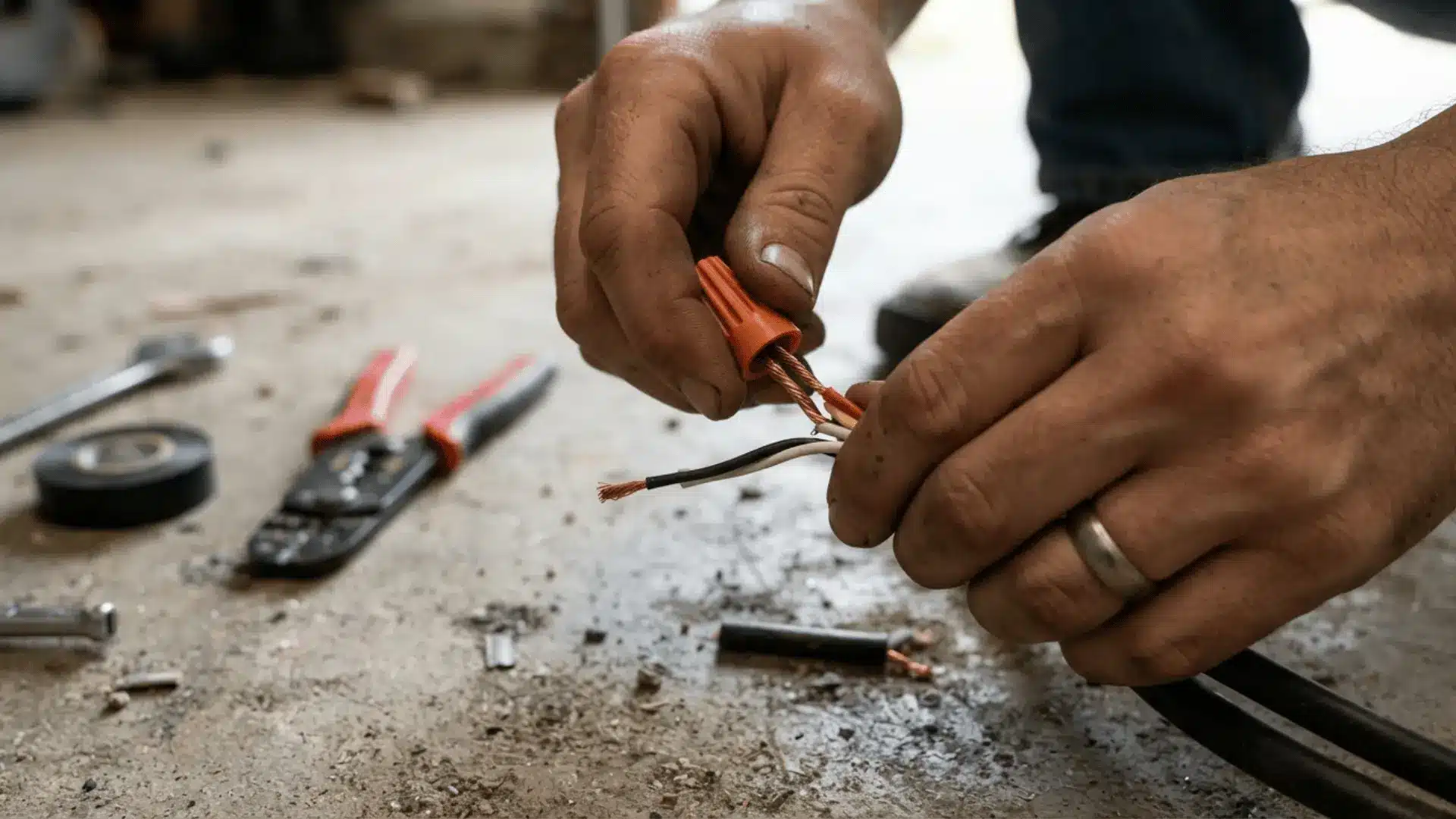 hands twist an orange wire nut onto copper wires on a dusty garage floor with pliers and tape nearby