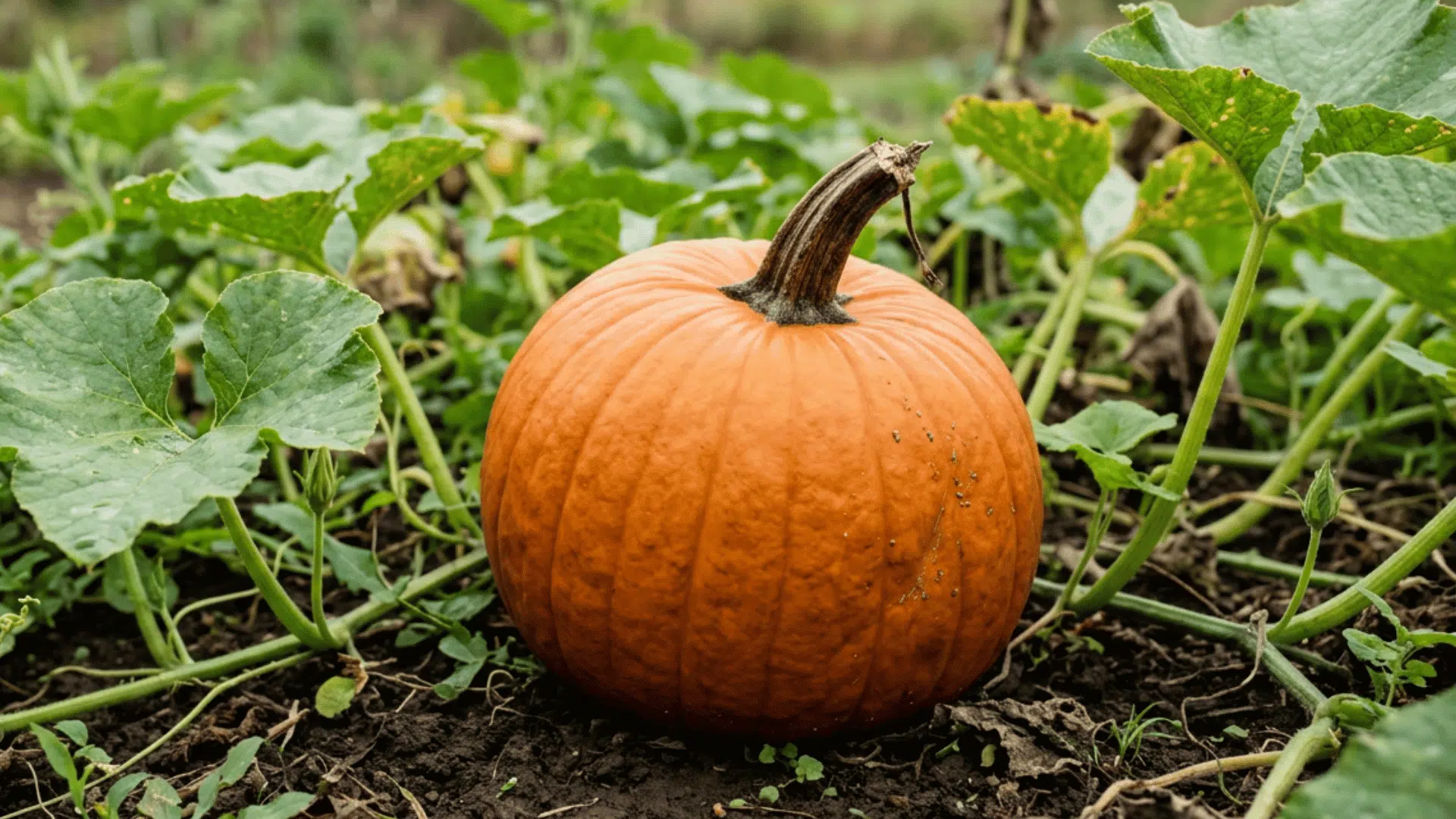 connecticut field pumpkin growing on dark garden soil surrounded by green vines curling tendrils and broad leaves