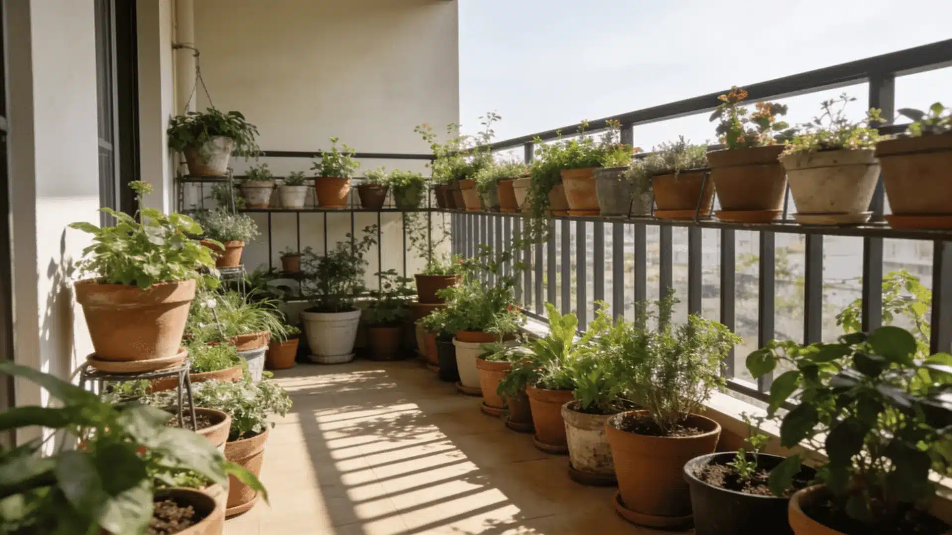 assorted terracotta pots filled with blooming flowers and green plants arranged on a sunny brick patio