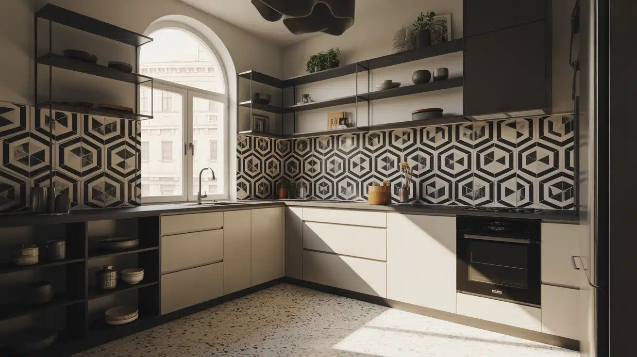 Contemporary kitchen with geometric black and white backsplash tiles, open shelving, and bold graphic styling