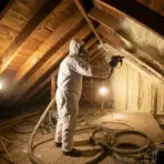 Contractor applying spraf foam insulation inside attic for energy efficient home upgrade and potential tax credit
