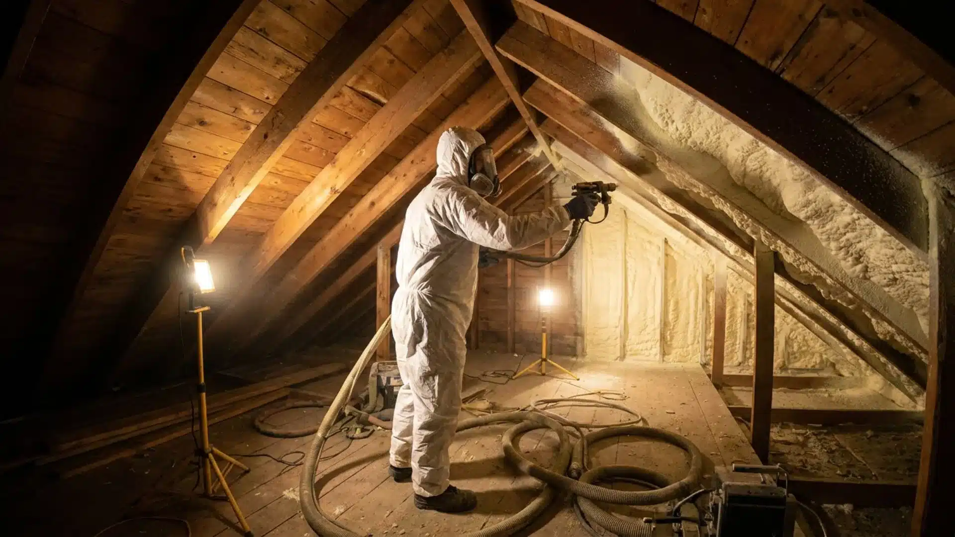 Contractor applying spraf foam insulation inside attic for energy efficient home upgrade and potential tax credit