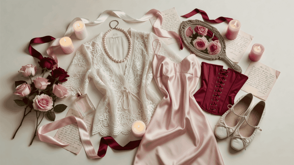 coquette aesthetic with lace clothing satin fabrics pearl jewelry and romantic vintage inspired styling