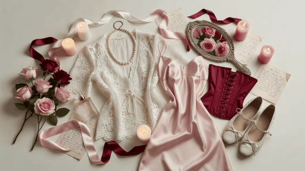 coquette aesthetic with lace clothing satin fabrics pearl jewelry and romantic vintage inspired styling
