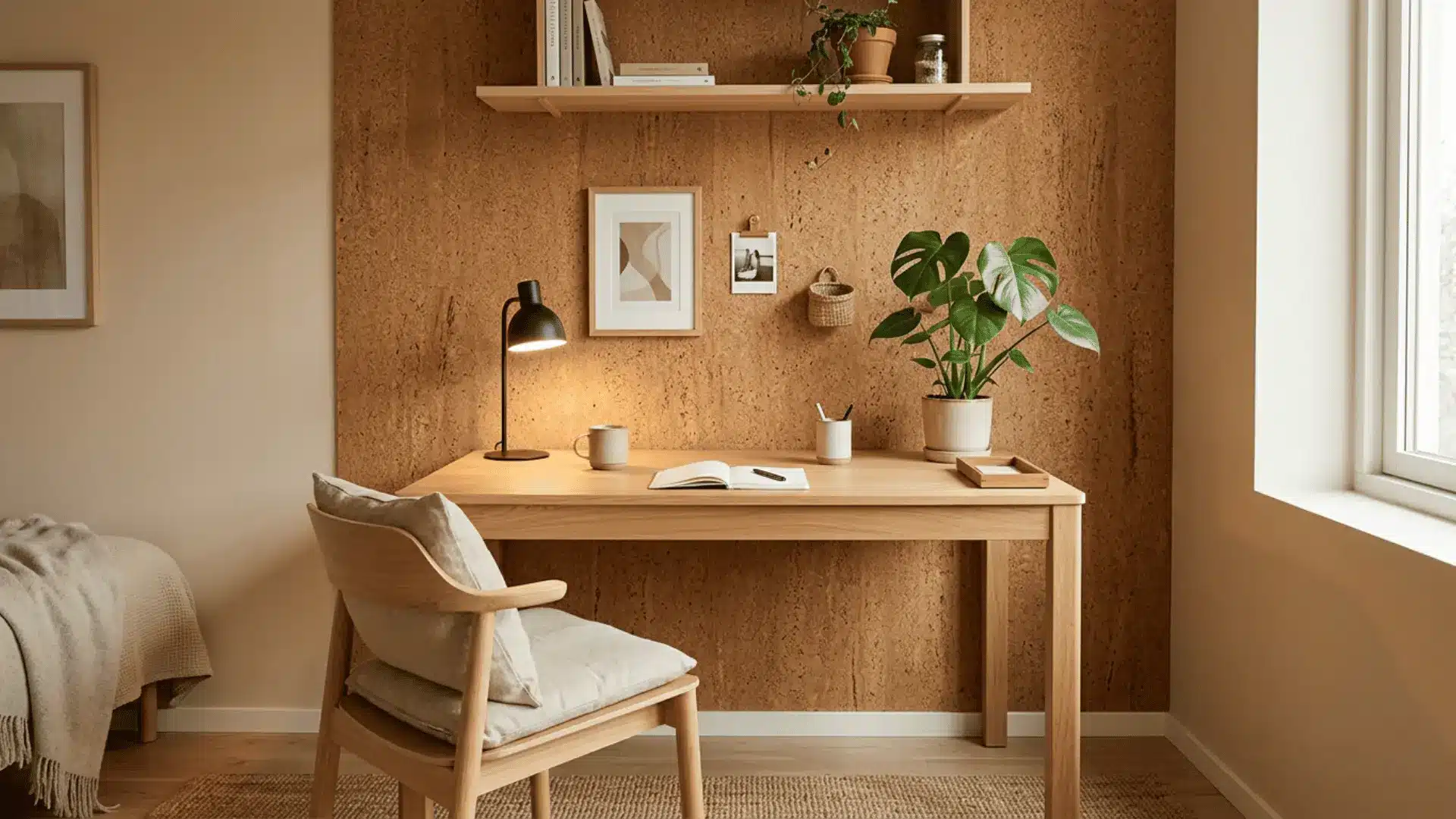 cozy cork wall home office with wood desk open notebook lamp chair shelf books and a potted monstera by the window