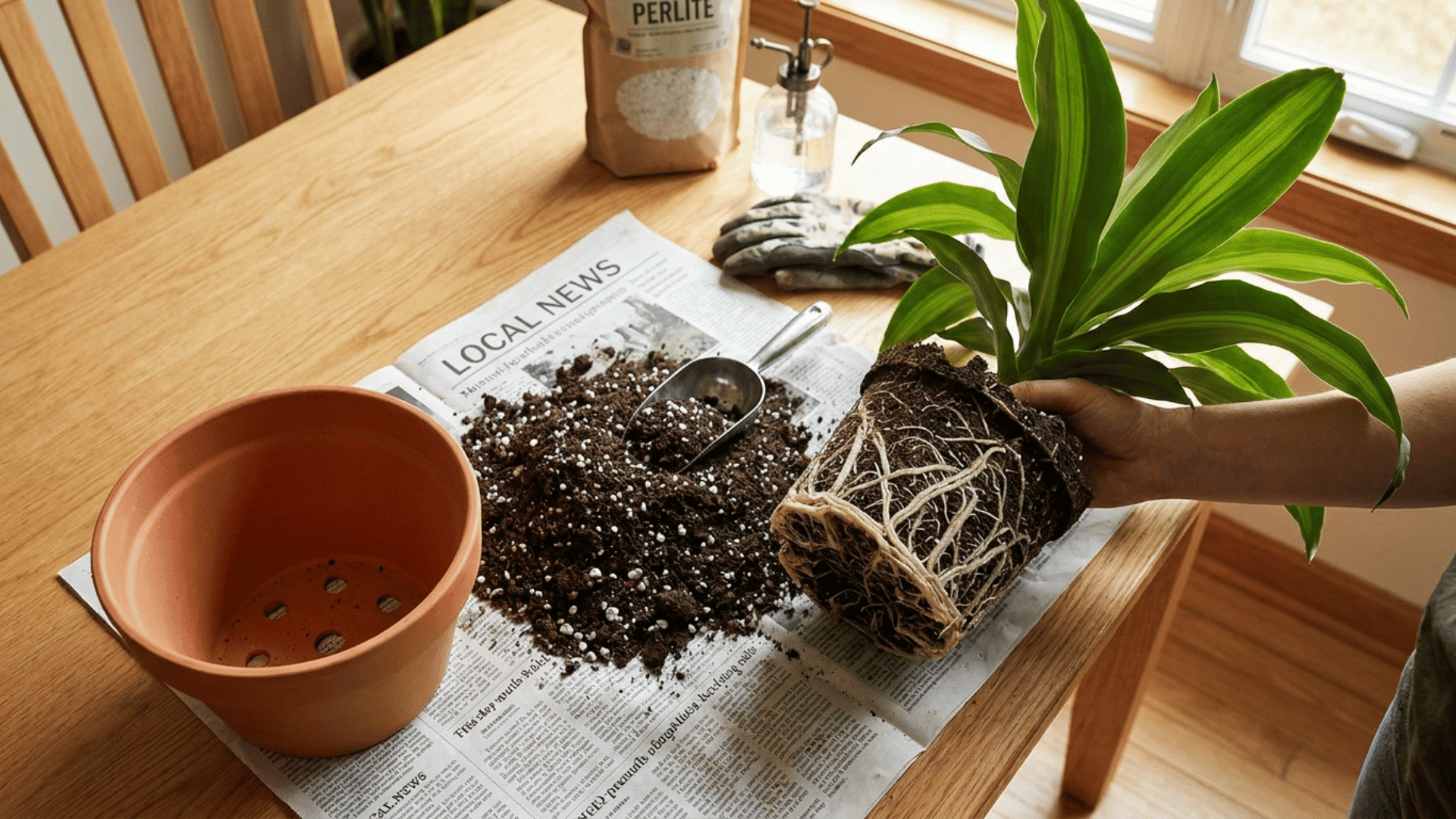 corn plant being repotted into a terracotta pot with well draining soil mix and perlite on a wooden table (1)
