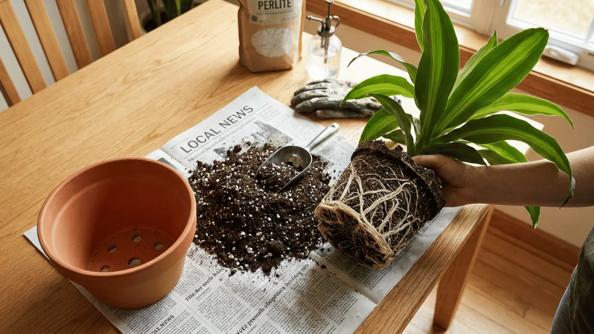corn plant being repotted into a terracotta pot with well draining soil mix and perlite on a wooden table (1)