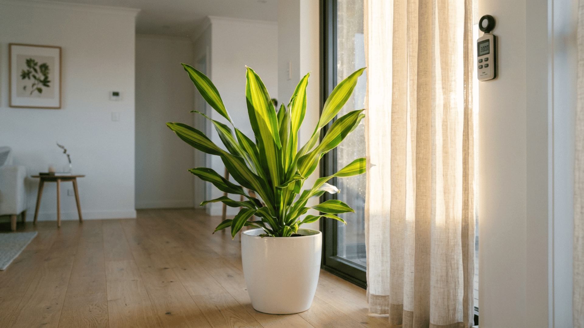 corn plant placed near an east facing window receiving soft morning light through a sheer curtain