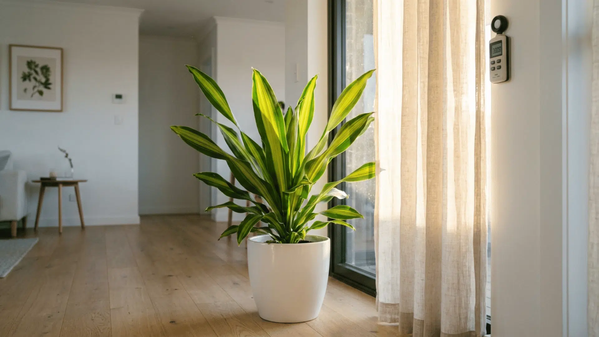 corn plant placed near an east facing window receiving soft morning light through a sheer curtain