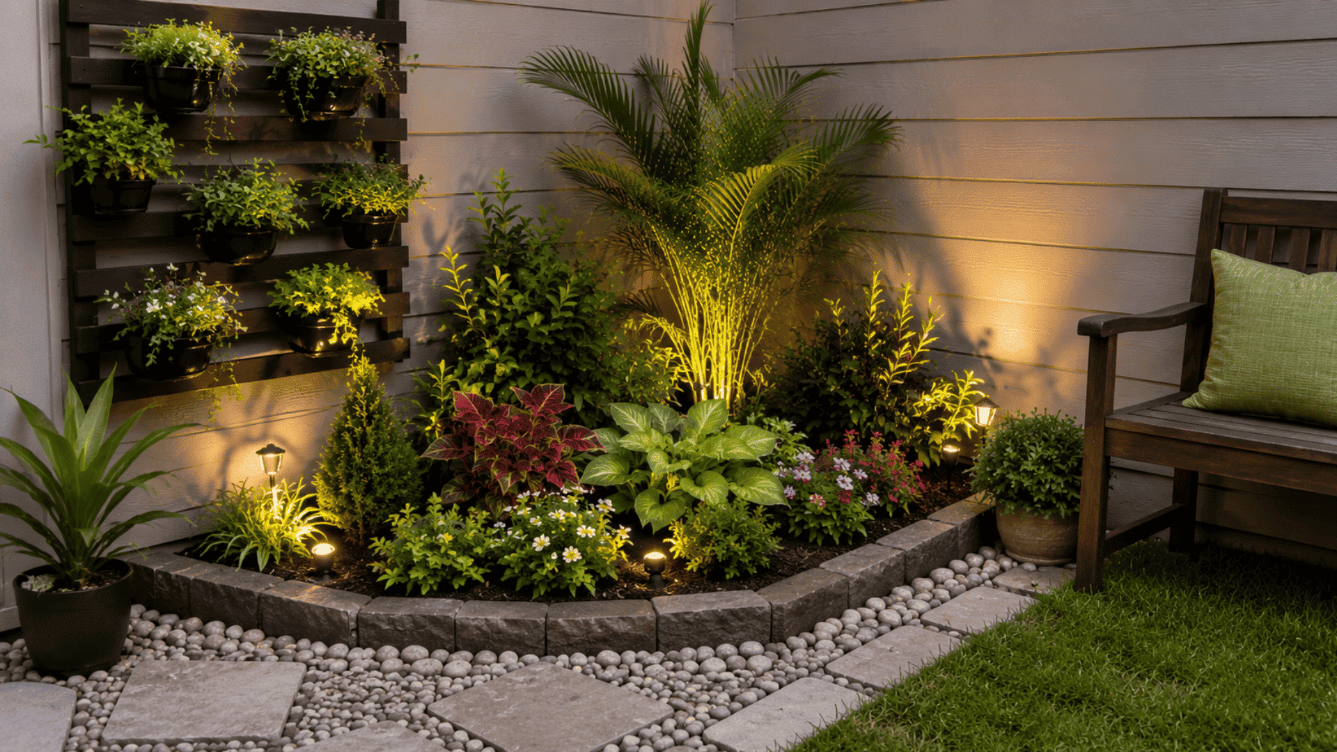 corner garden layout with triangular planting bed seating area and decorative stones