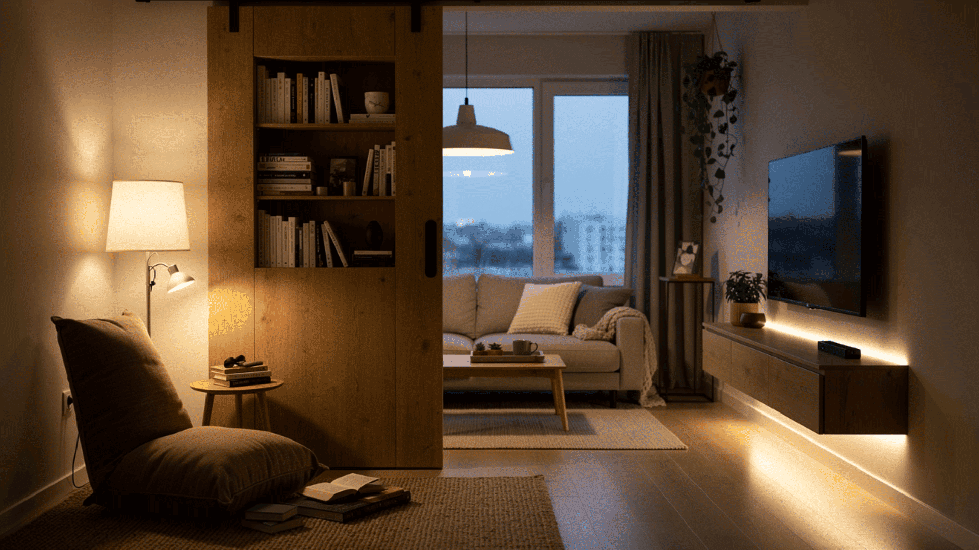 _cosy apartment living room at night with a sliding barn door revealing a built in bookcase a floor cushion reading area and a sofa lit by warm led strip lighting