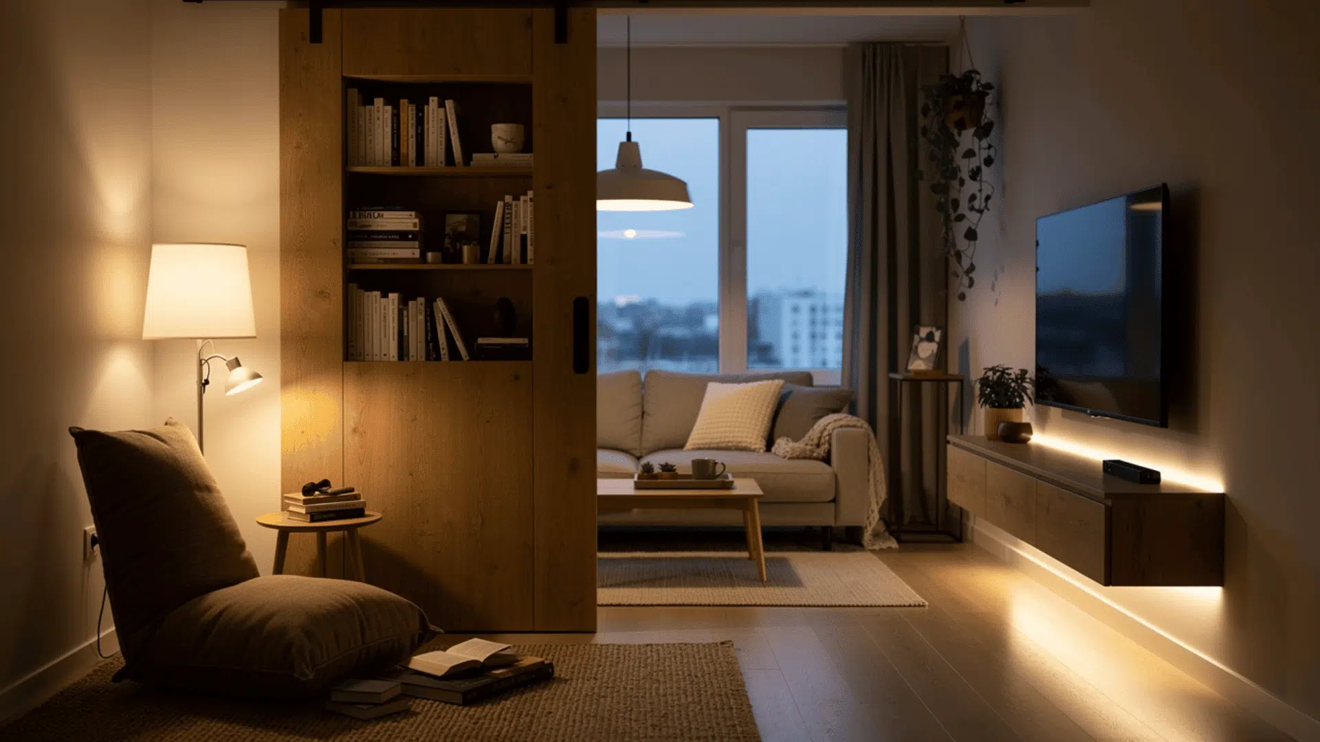 _cosy apartment living room at night with a sliding barn door revealing a built in bookcase a floor cushion reading area and a sofa lit by warm led strip lighting