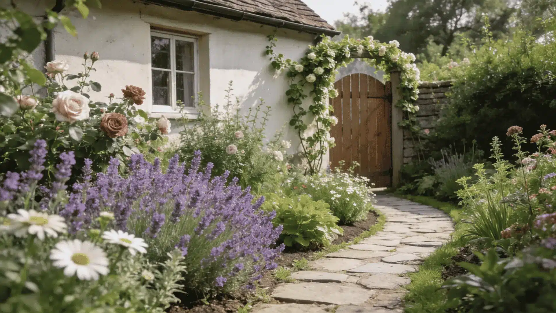 cottage garden with lavender roses daisies and a stone path leading to a wooden gate covered in white blooms