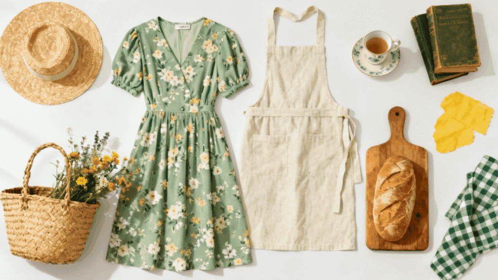 cottagecore aesthetic with floral dress woven basket linen clothing and countryside inspired decor