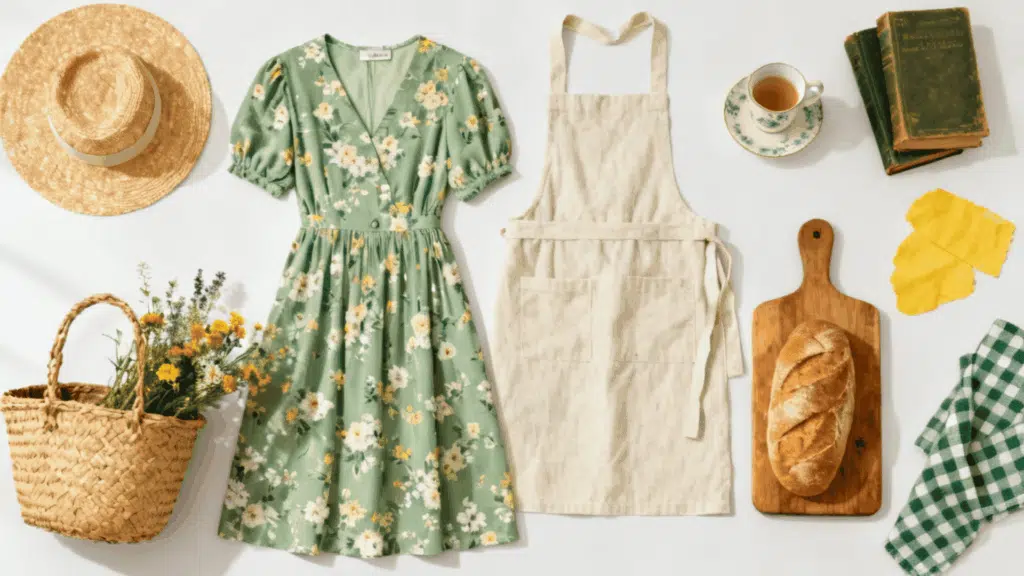 cottagecore aesthetic with floral dress woven basket linen clothing and countryside inspired decor