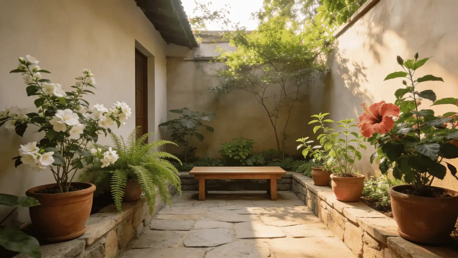 sunlit enclosed courtyard with potted flowers ferns a small wooden bench and leafy plants along stone walls