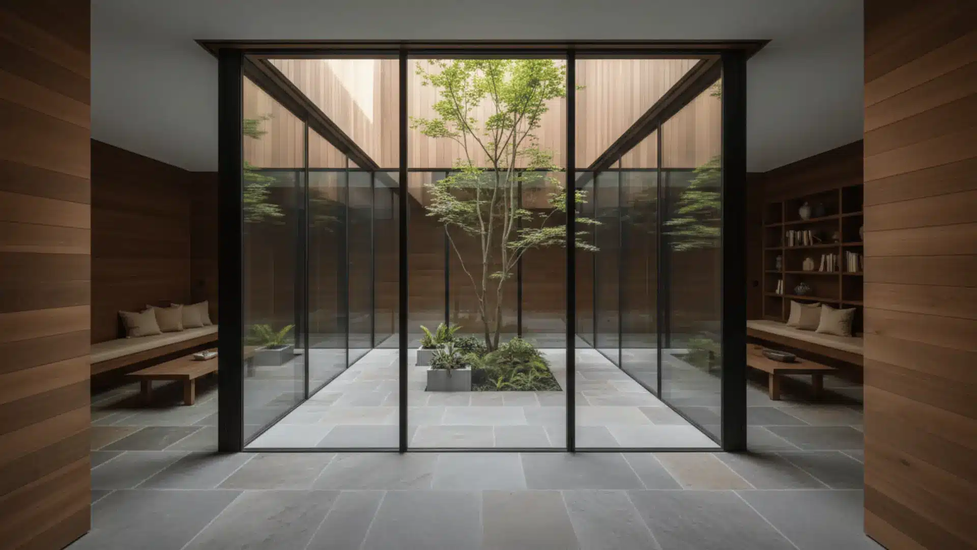 modern indoor courtyard with glass walls stone floor central tree wood paneling built in benches and low tables