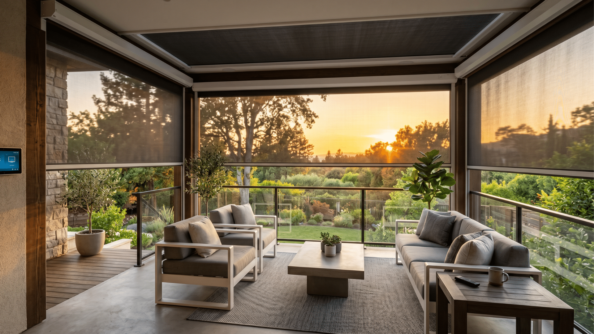 covered patio with modern outdoor furniture and retractable shades overlooks a lush garden at sunset.