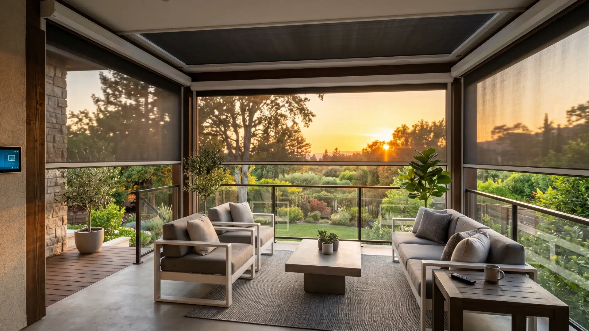 covered patio with modern outdoor furniture and retractable shades overlooks a lush garden at sunset.