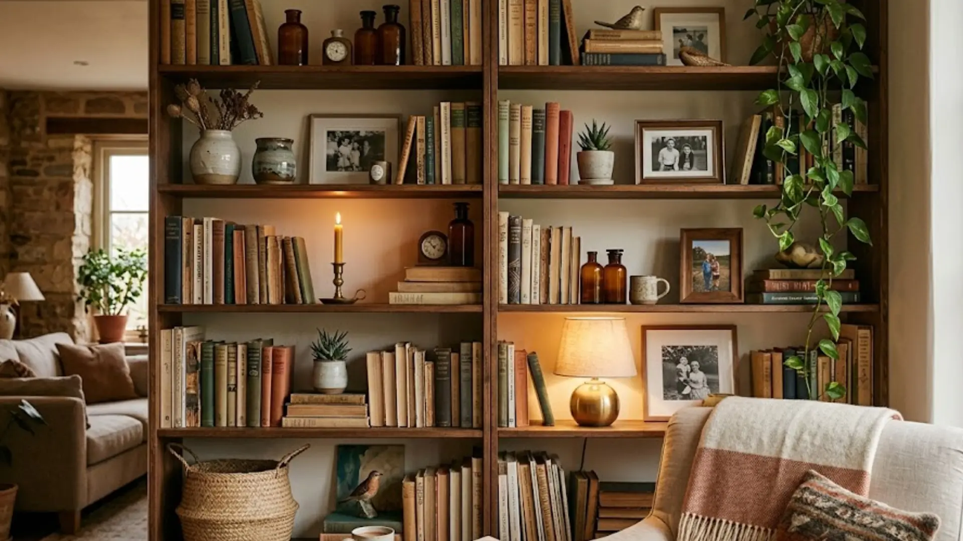 dark wooden bookshelf with vintage books, family photos, candles, ceramic vases, and trailing plants
