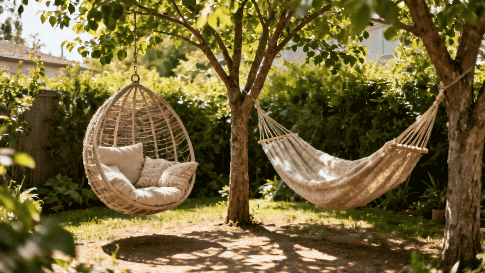 cozy backyard corner with hammock and hanging chair designed for relaxing outdoors