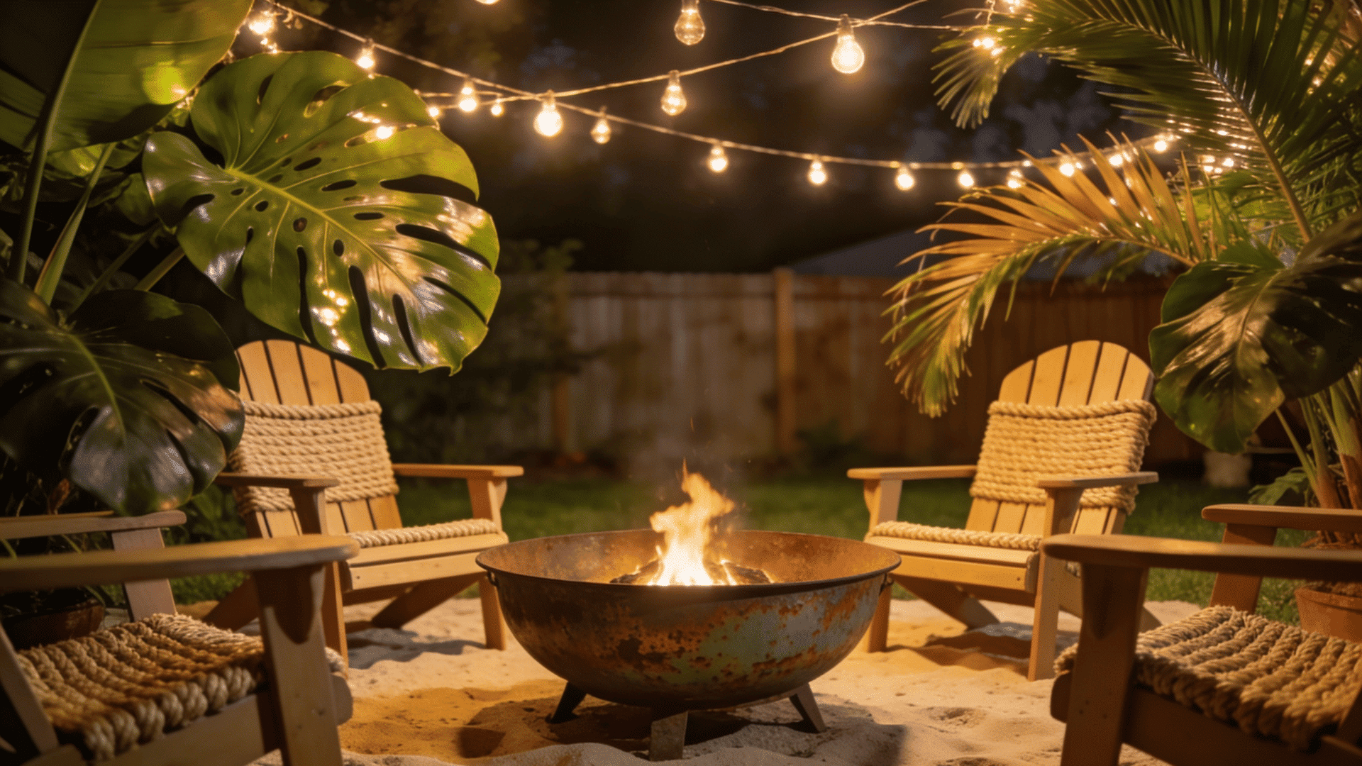 Cozy backyard fire pit with rope-accented wooden chairs, tropical plants, and string lights at night.