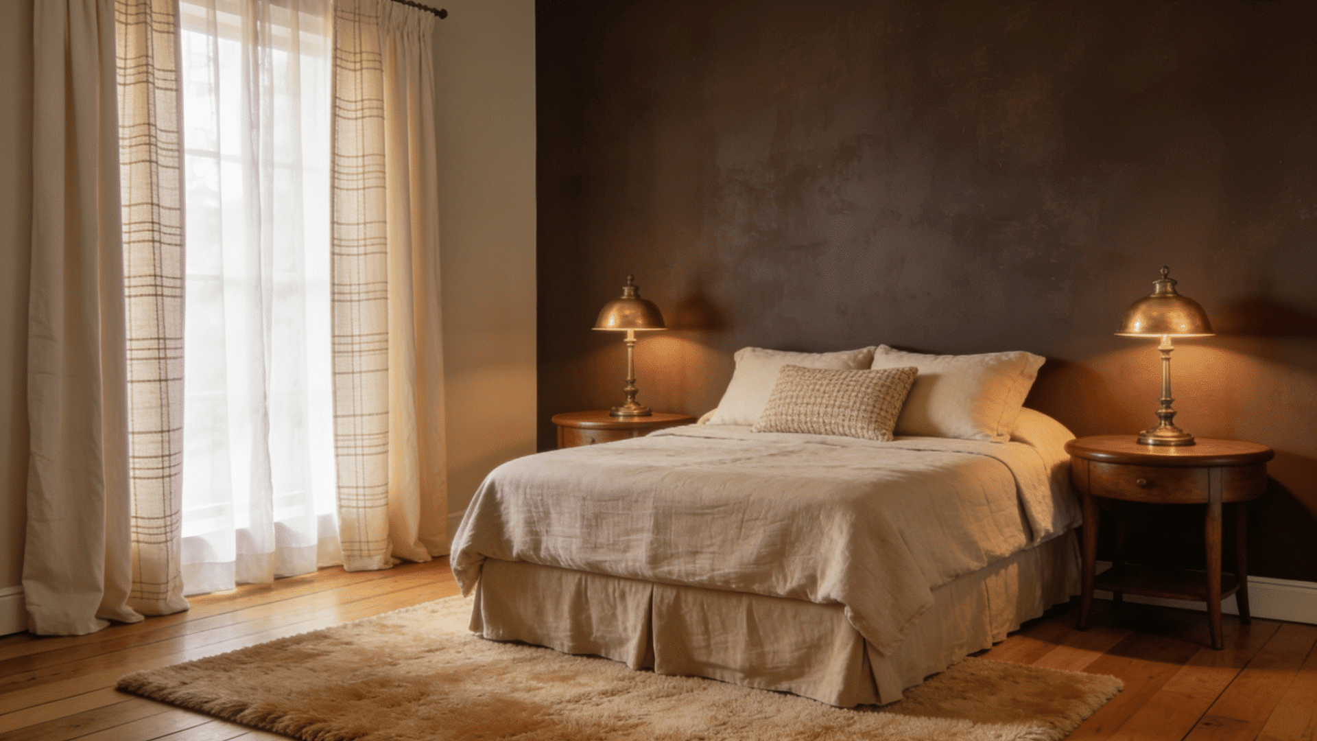 cozy bedroom with deep brown gray accent wall oatmeal bedding walnut nightstands and warm lamps