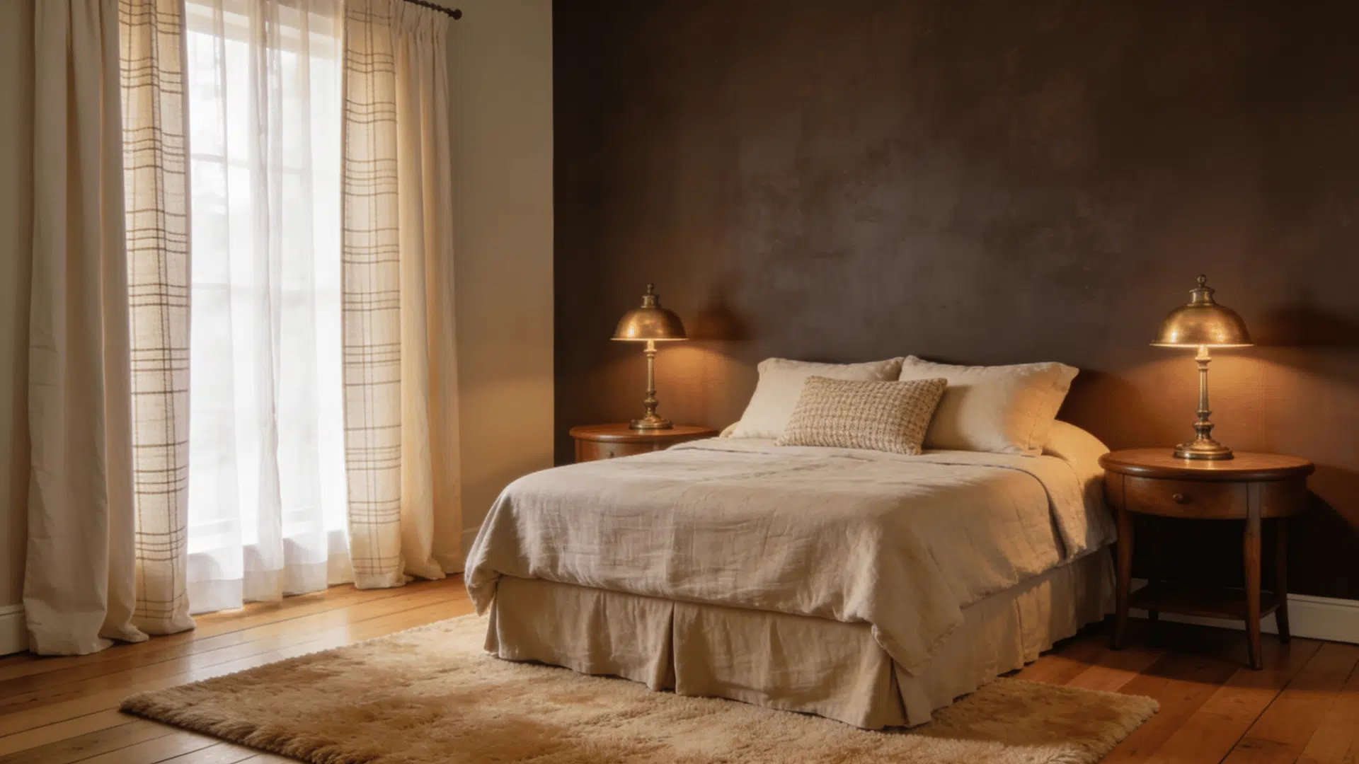 cozy bedroom with deep brown gray accent wall oatmeal bedding walnut nightstands and warm lamps