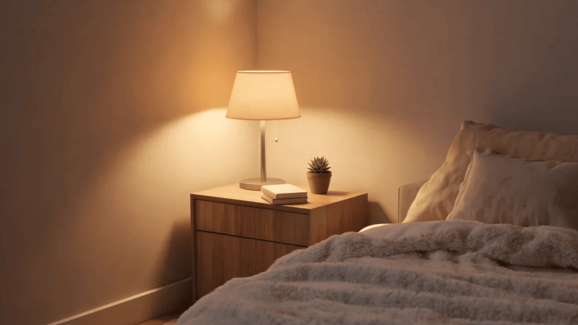 cozy bedroom with lamp on wooden nightstand and soft blanket on bed in warm light