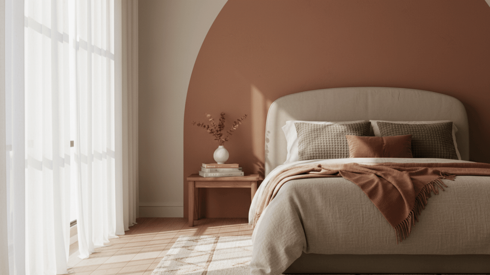 cozy bedroom with terracotta painted arch soft beige bed and warm natural sunlight