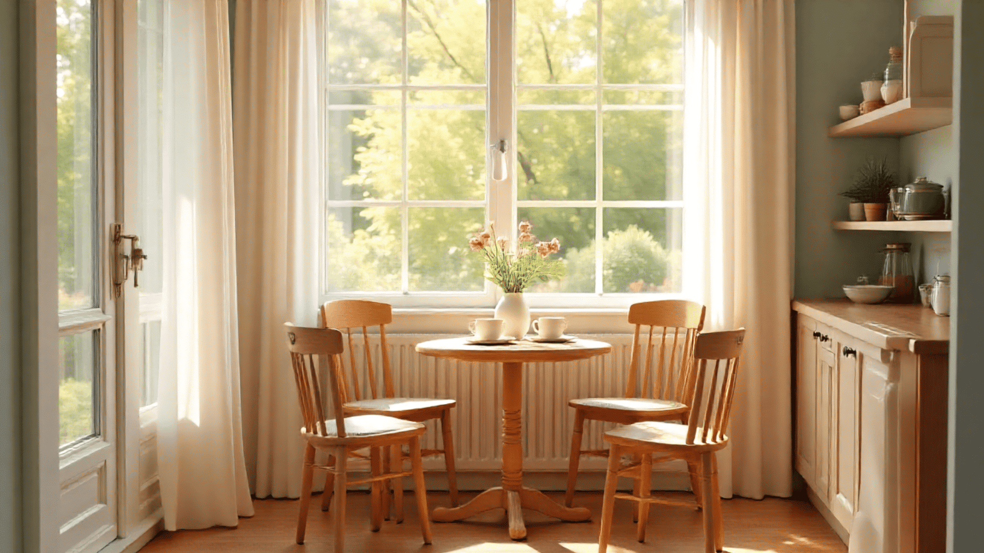 cozy breakfast nook with wooden table and chairs near large windows morning sunlight sheer curtains fresh flowers warm wood flooring inviting atmosphere