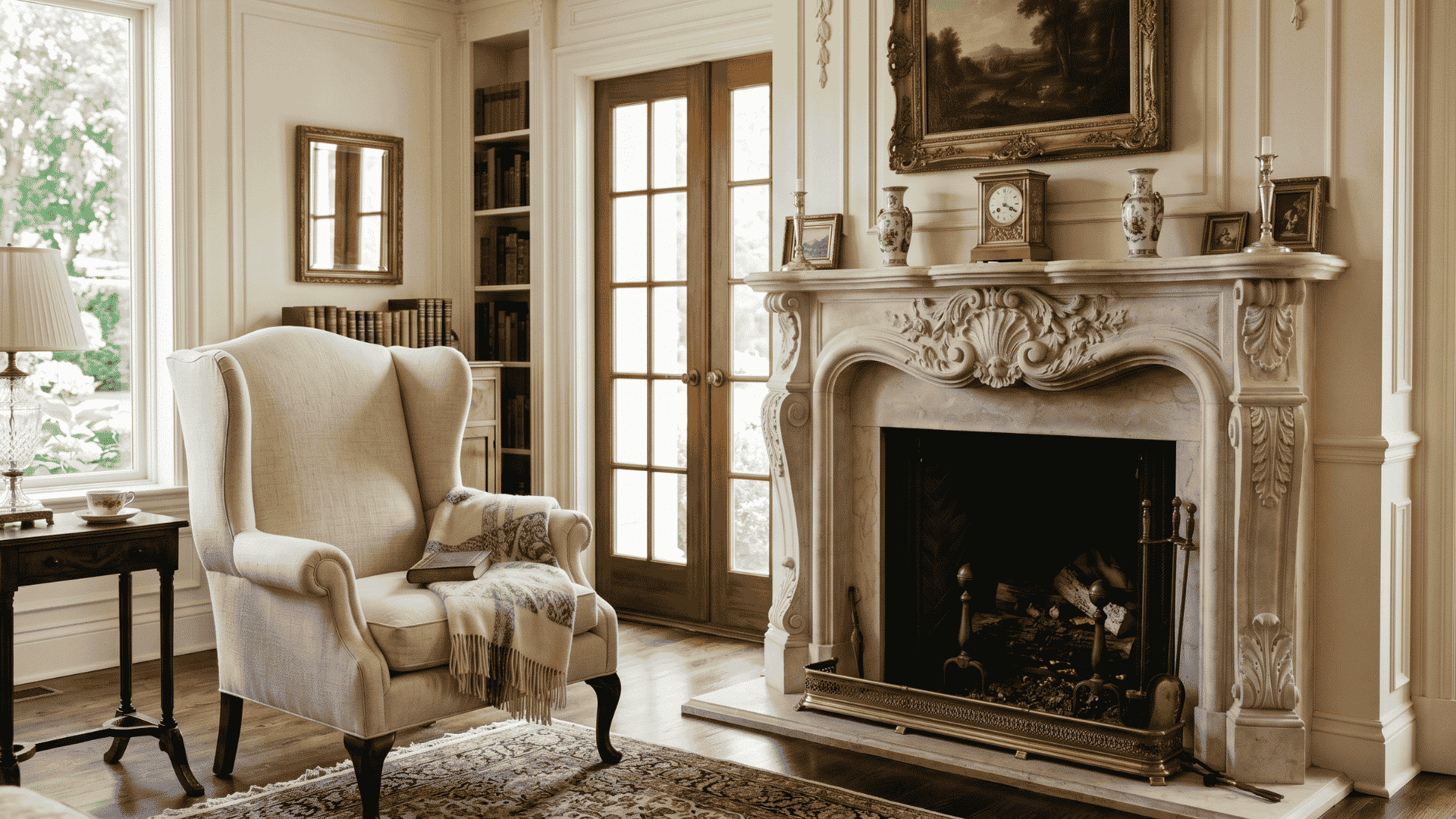 cozy cottage living room with rustic stone fireplace plaid armchair wooden mantel and candle decor in warm sepia tones (2)
