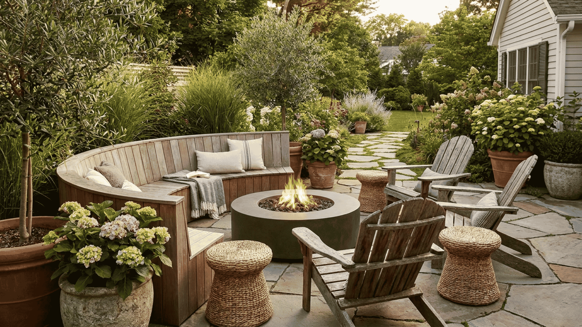 Cozy garden patio with a modern round fire pit, curved wooden bench, Adirondack chairs, and lush potted plants.