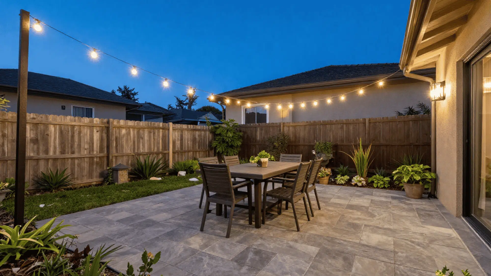 cozy ground level backyard stone patio with an outdoor dining table and string lights under a bright blue sky