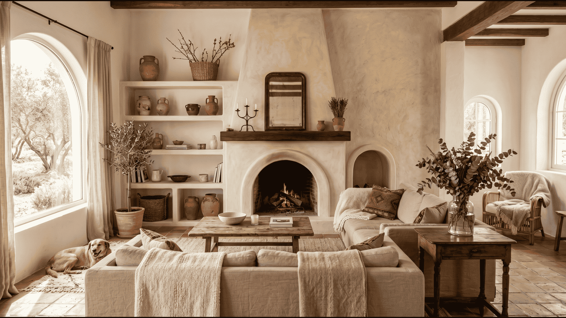 cozy mediterranean style living room with plaster fireplace open shelving neutral sofas terracotta flooring and soft natural sunlight through arched windows