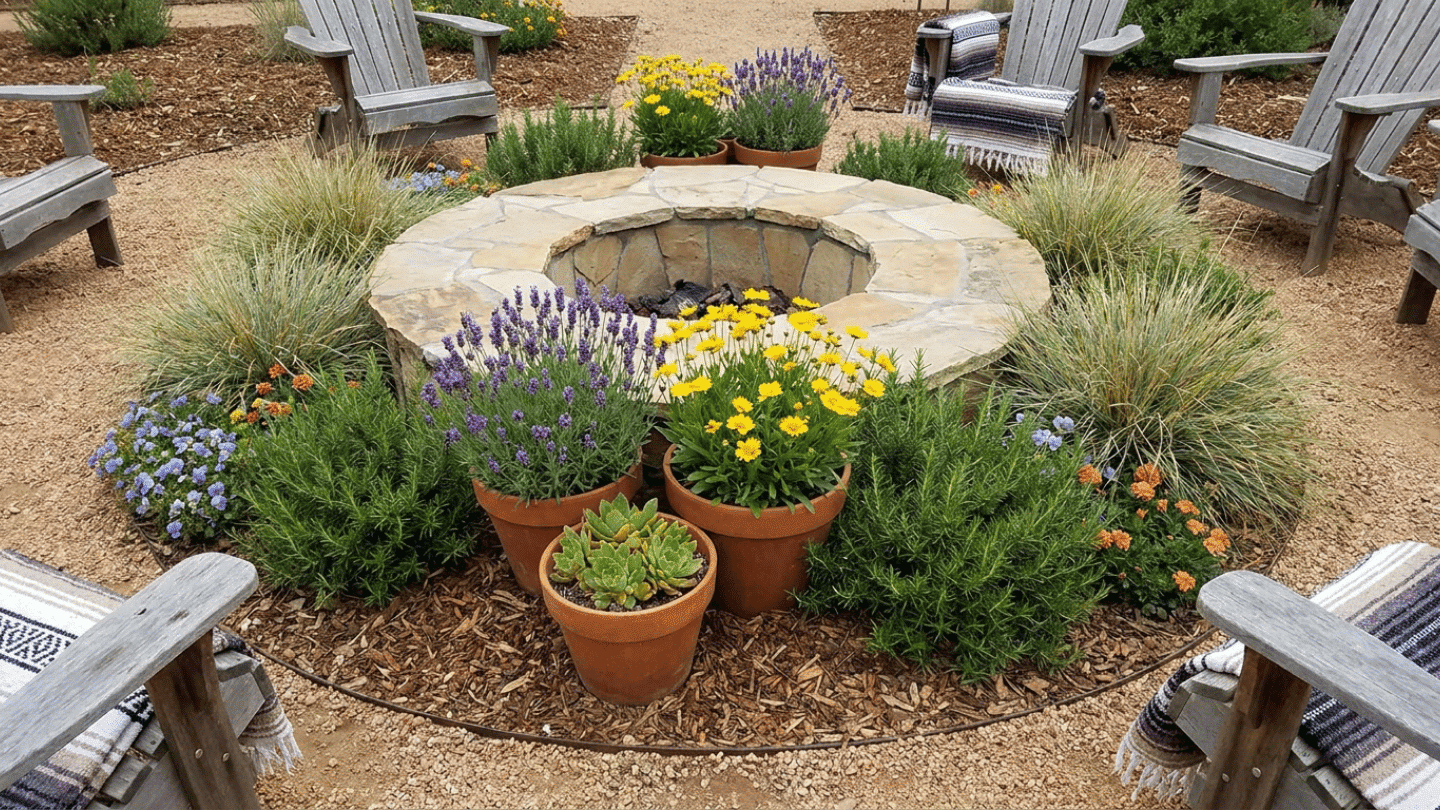 Cozy outdoor fire pit surrounded by Adirondack chairs and vibrant potted flowers for a charming garden gathering.