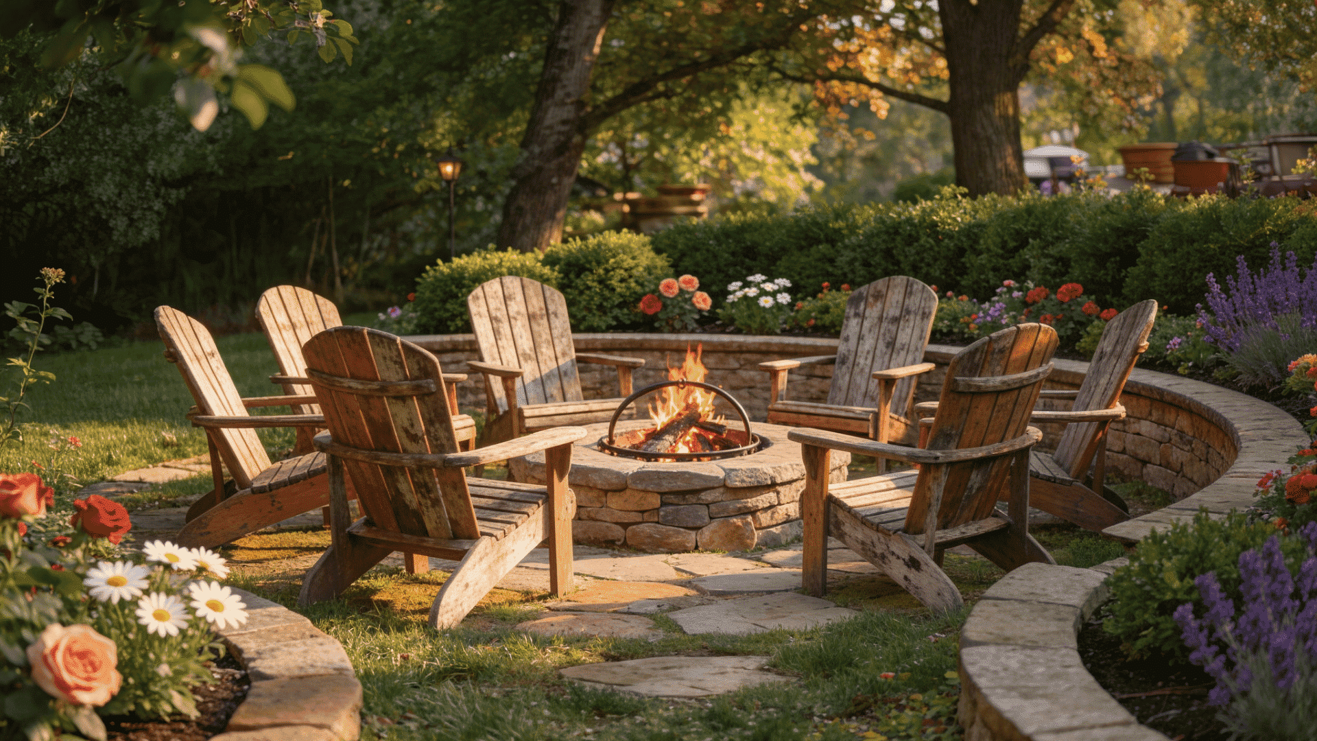 cozy outdoor fire pit surrounded by lush greenery and succulents, creating a secluded, intimate seating area.