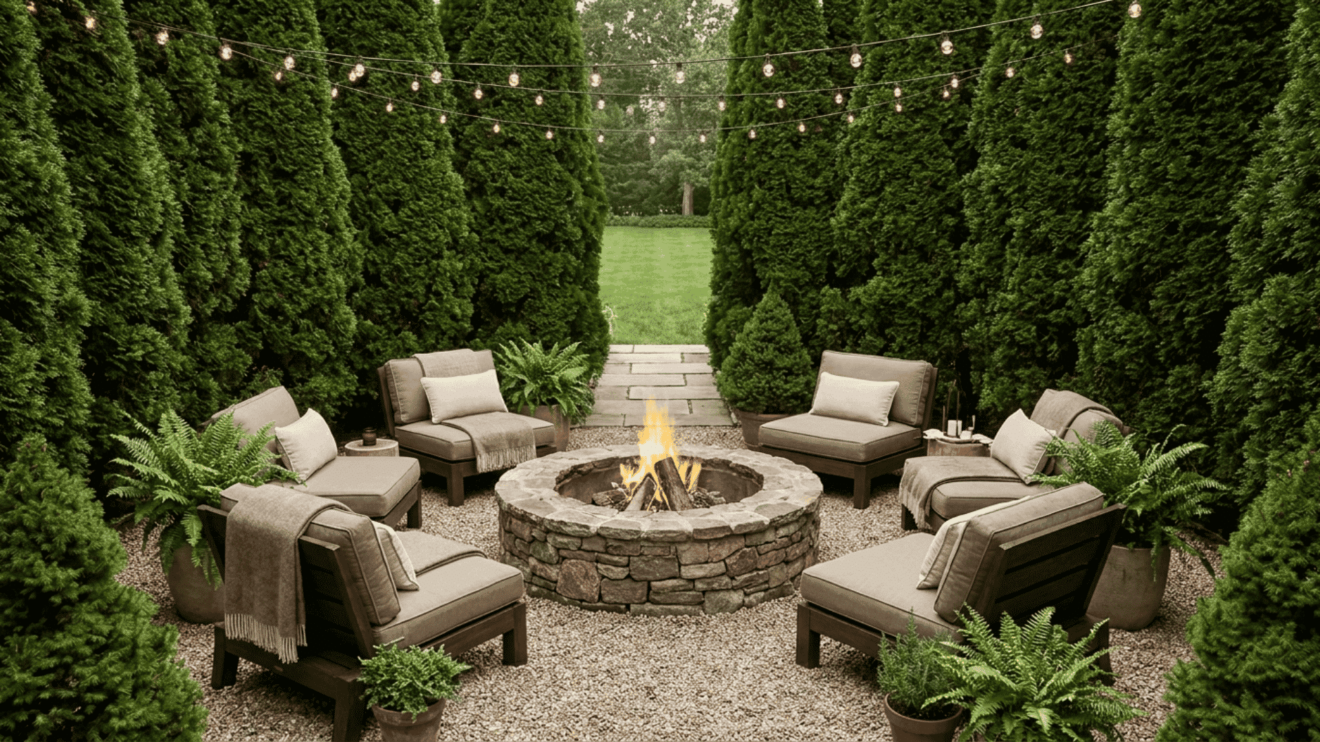 Cozy private fire pit nook with cushioned chairs, gravel flooring, potted ferns, and string lights.