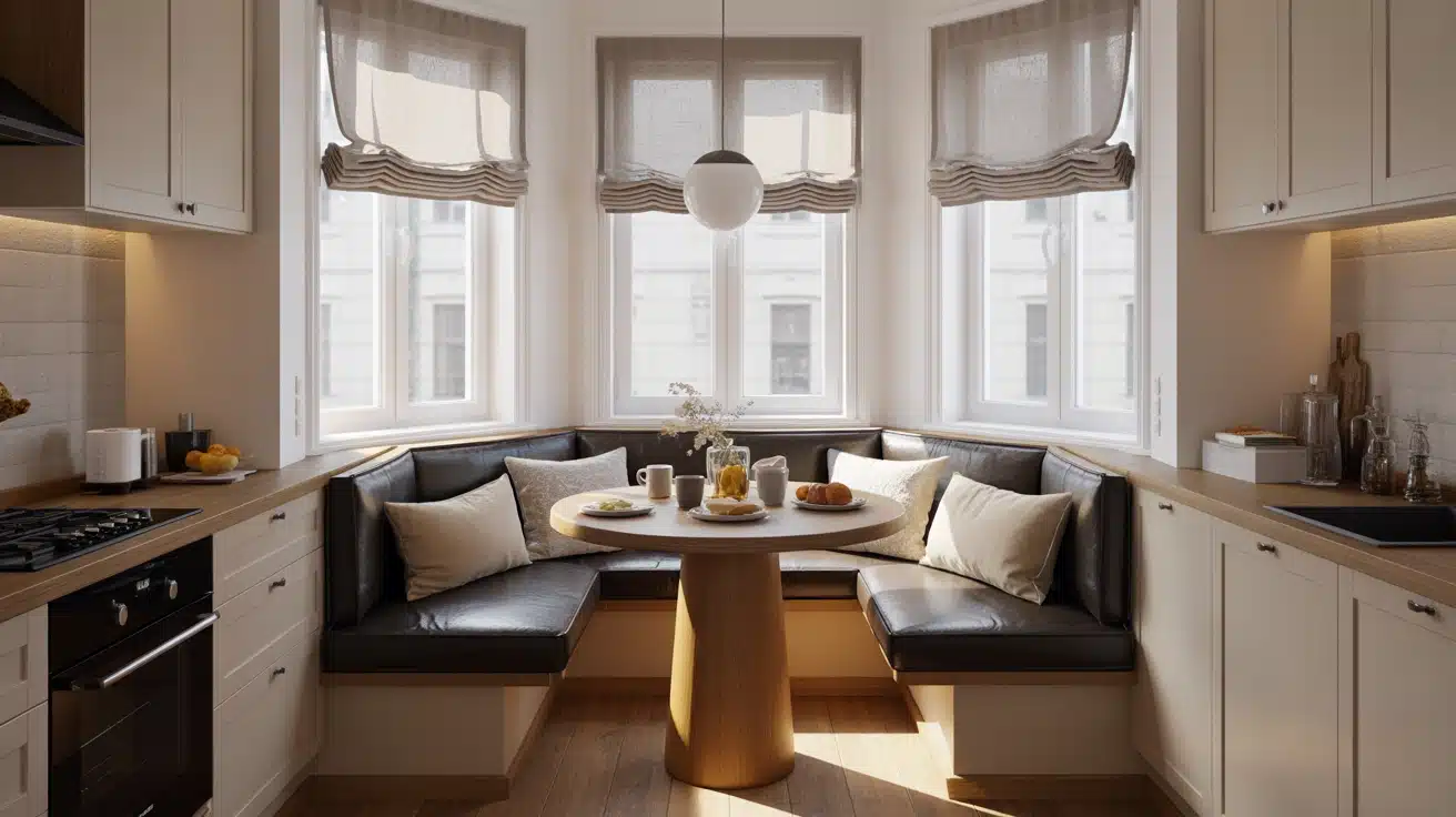Cozy black banquette breakfast nook with white walls, wood table, and soft sunlight through bay windows