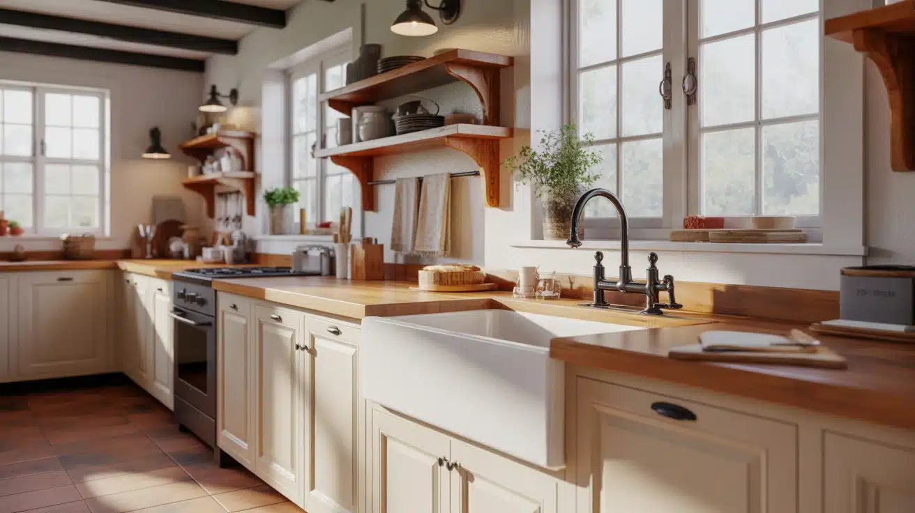 Cozy farmhouse kitchen with a white apron sink, matte black faucet, and warm butcher block countertops