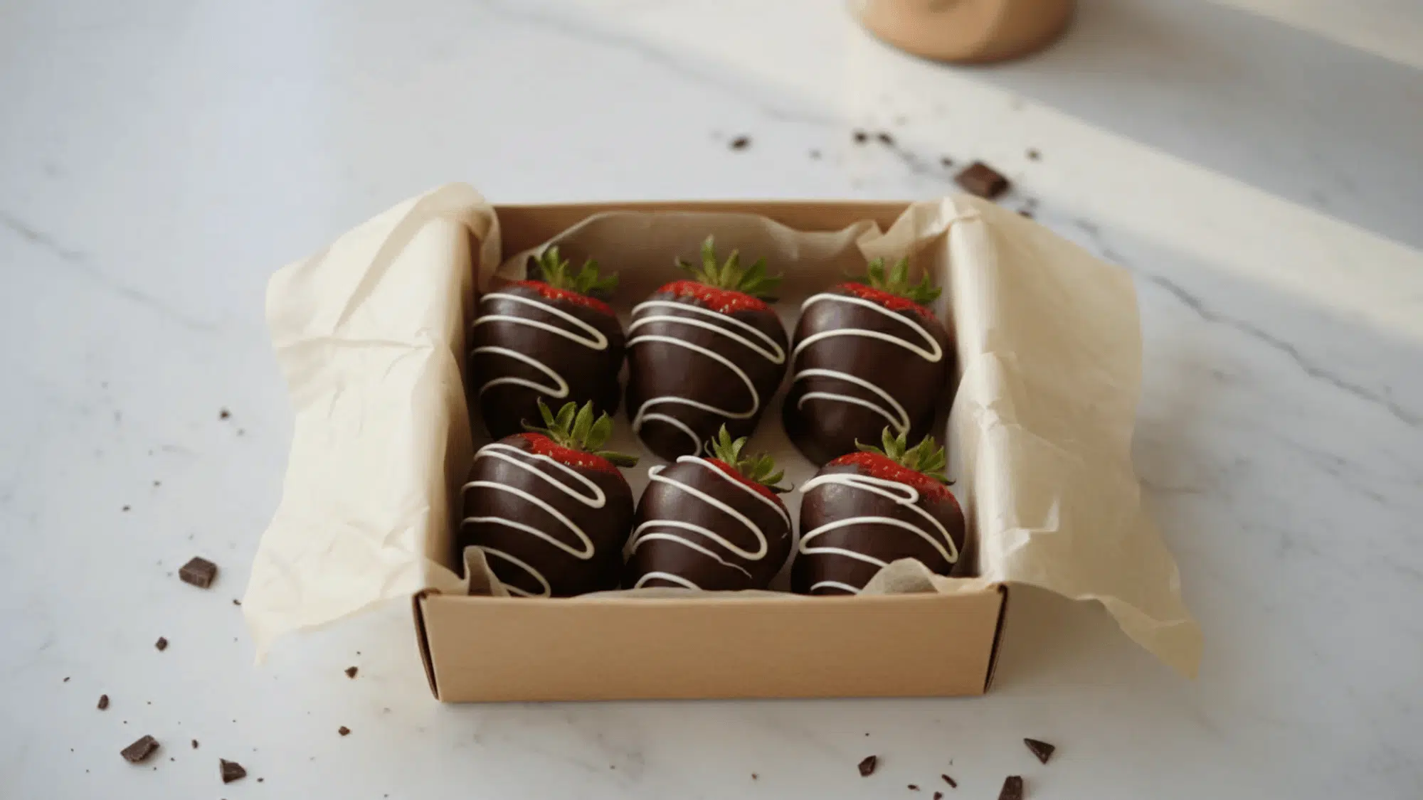 _craft box of six chocolate-dipped strawberries with white drizzle on marble