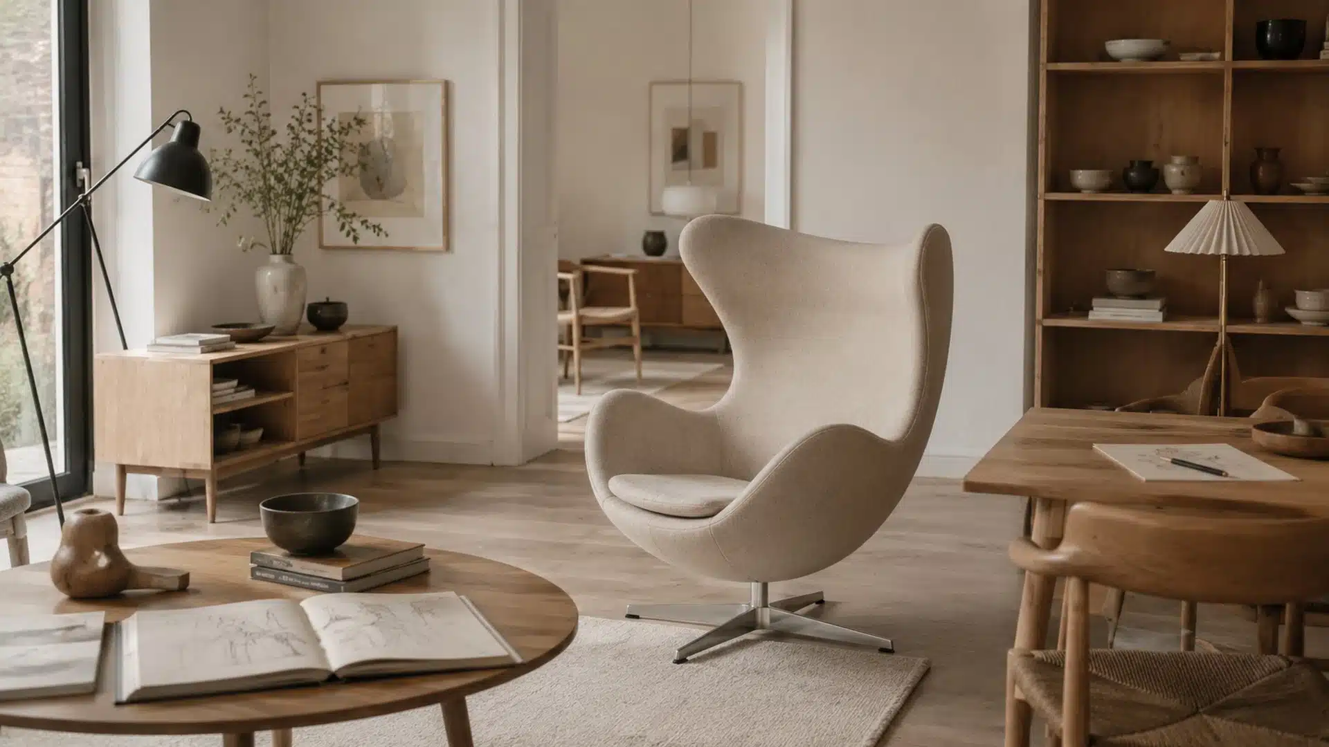 cream egg chair in a warm scandinavian living room with light wood furniture and neutral decor