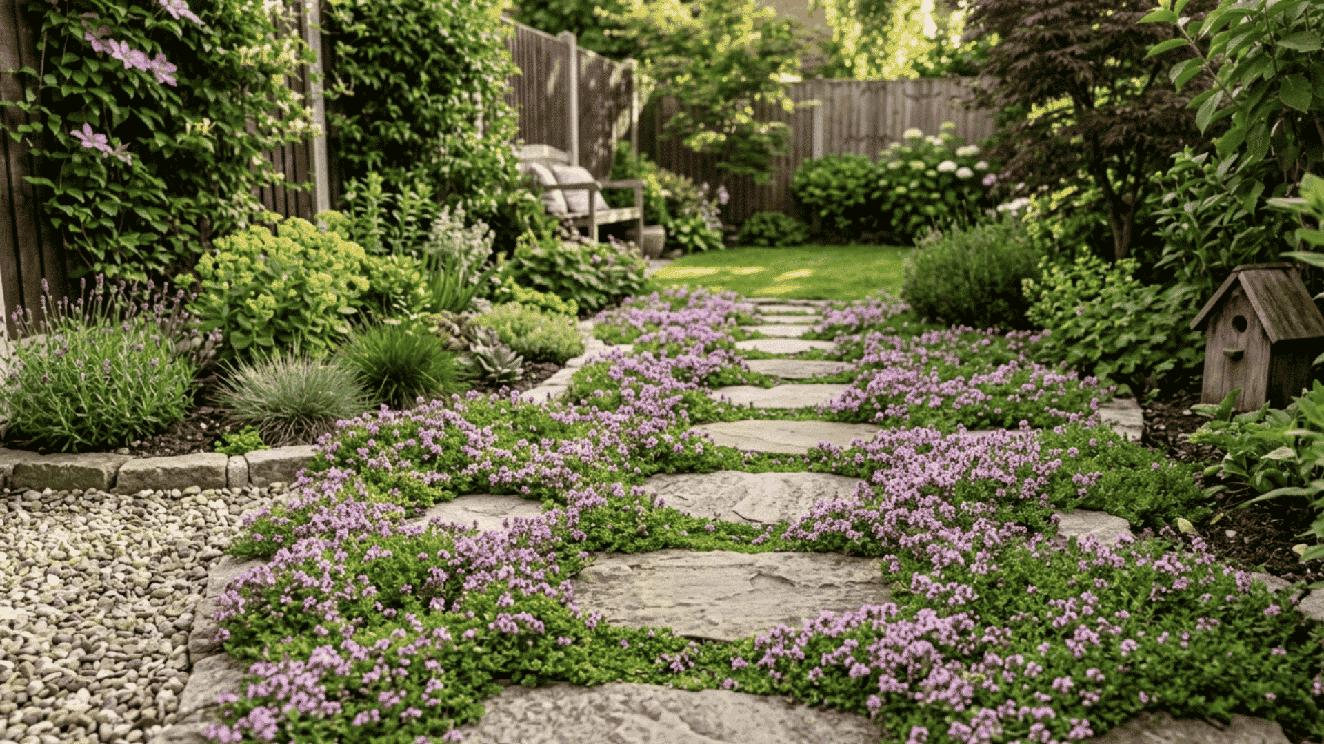 Creeping thyme creeping thyme flowering between stone steps in cozy sunny garden pathway