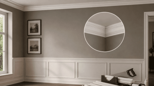 dining room with crown molding and wainscoting with a zoomed inset of the corner joint and diy tools