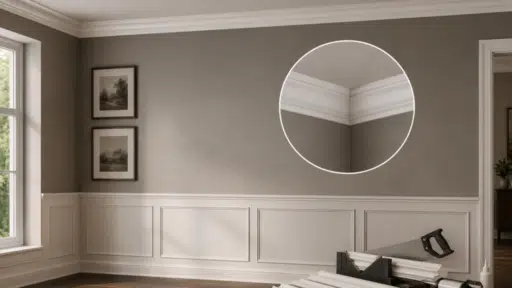 dining room with crown molding and wainscoting with a zoomed inset of the corner joint and diy tools
